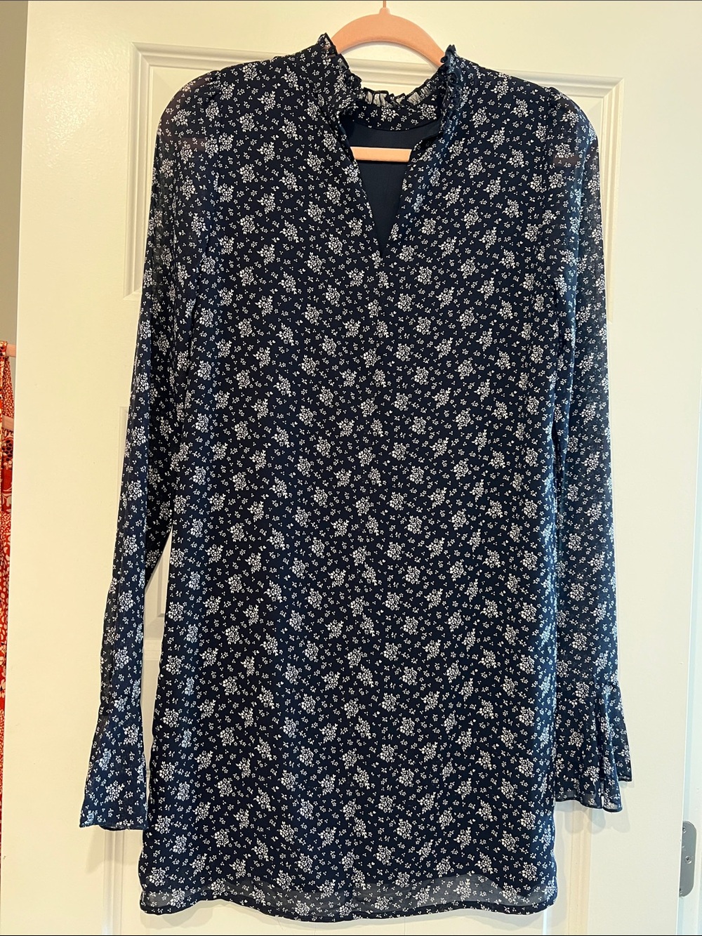 Line & Dot Navy Floral Long-Sleeve Ruffle-Neck Dress